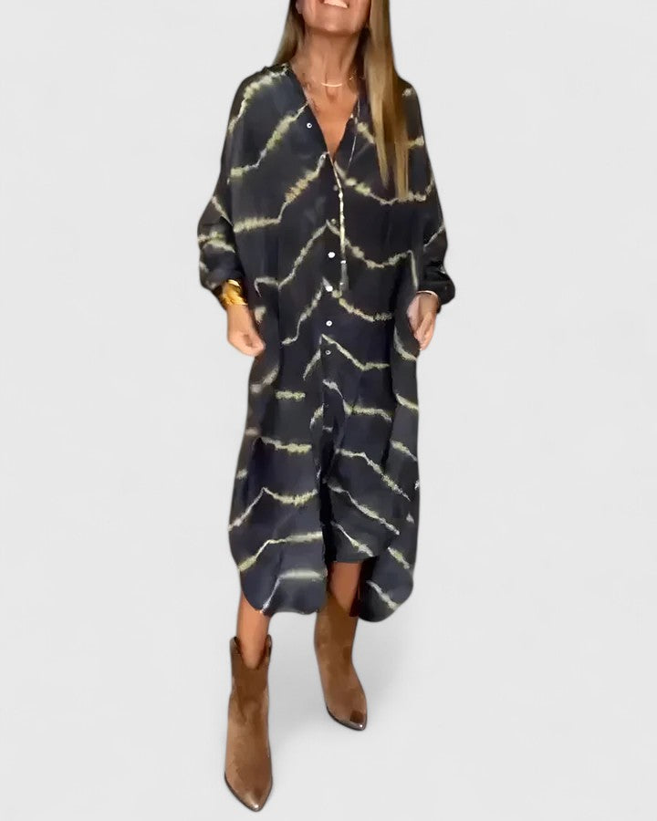 Elara | Black Tie-Dye Shirt Maxi Dress Long Sleeve