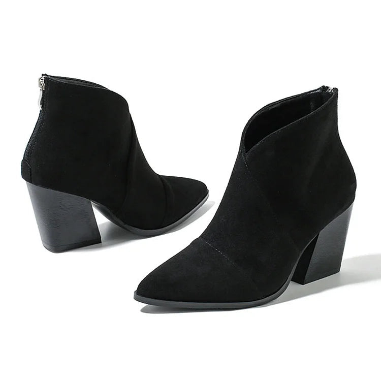 Roxana | Black Pointed Toe Ankle Boots with Block Heel