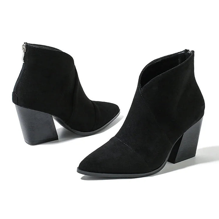 Roxana | Black Pointed Toe Ankle Boots with Block Heel