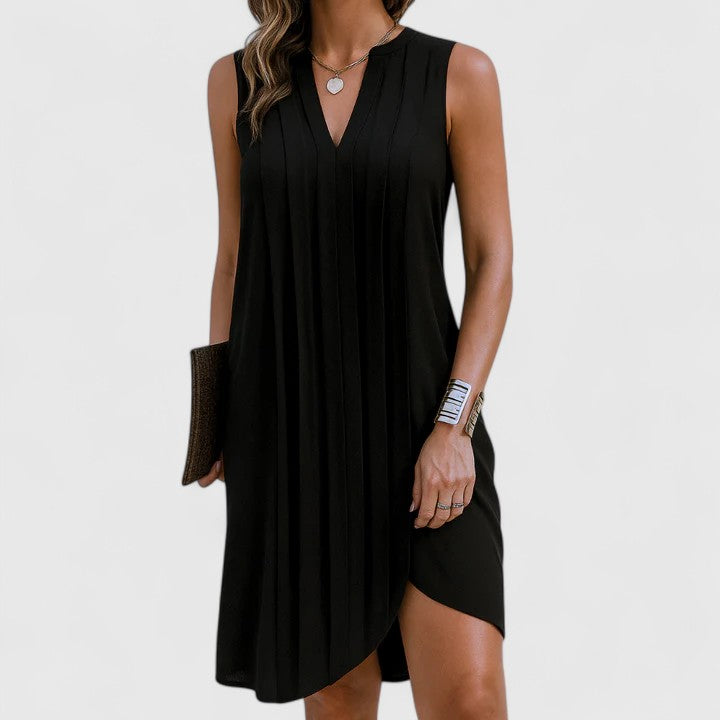 Mahala | Pleated V-Neck Sleeveless Shift Mini Dress