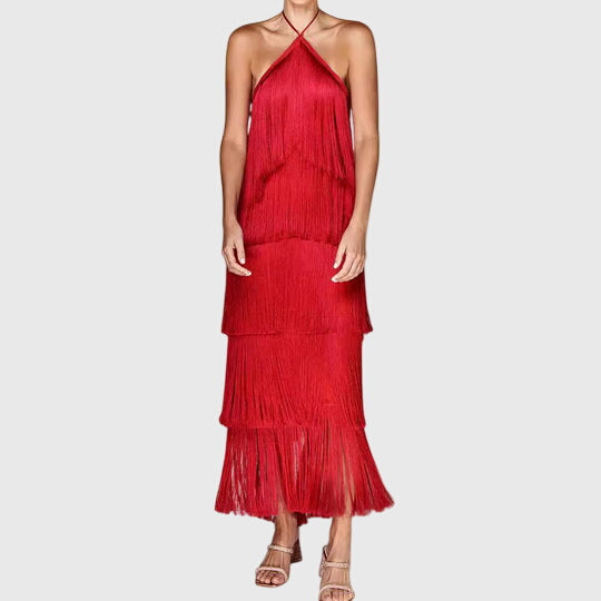 Cleantha | Halter Fringe Dress with Tiered Tassels