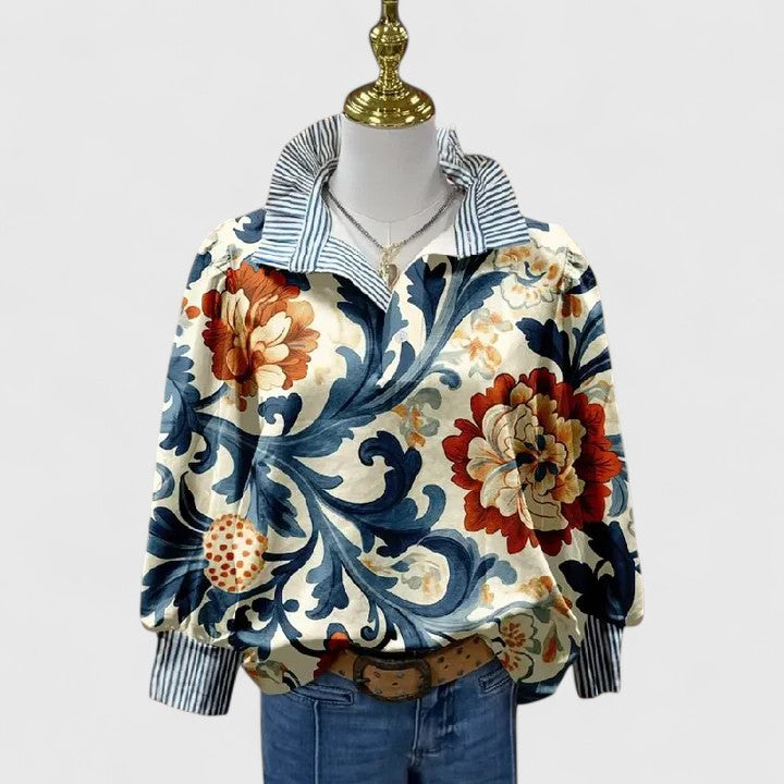 Rona | Blue Floral Print Blouse with Striped Collar