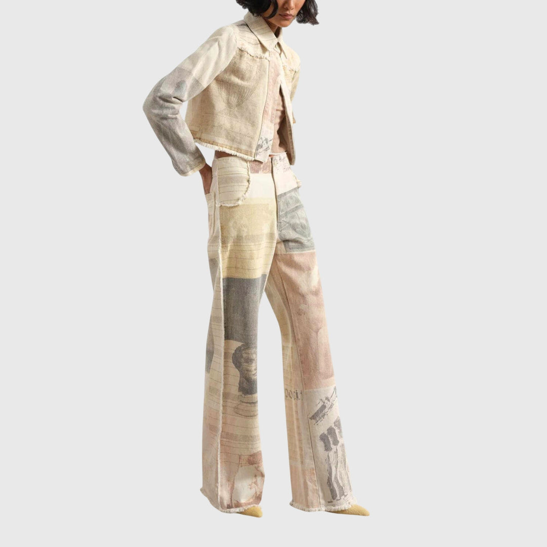 Dusty | Beige Statue Print Wide Leg Jeans