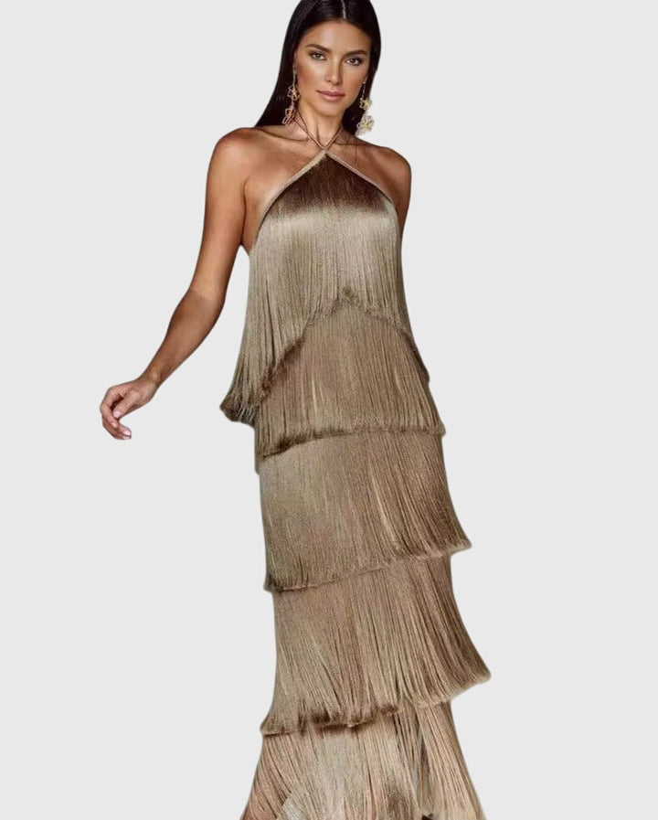 Cleantha | Halter Fringe Dress with Tiered Tassels