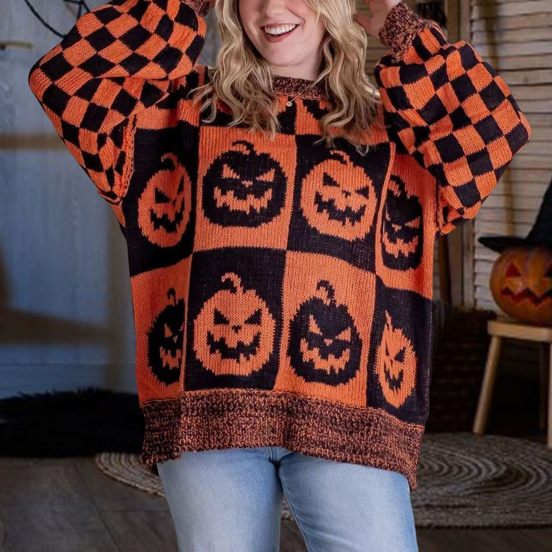 Catherine | Pumpkin Print Halloween Sweater with Checkered Sleeves