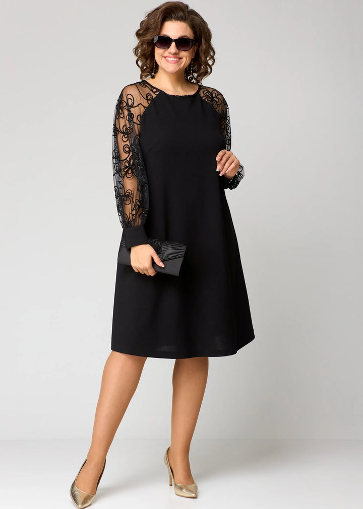 Rosabel | Black Embroidered Mesh Sleeve A Line Dress