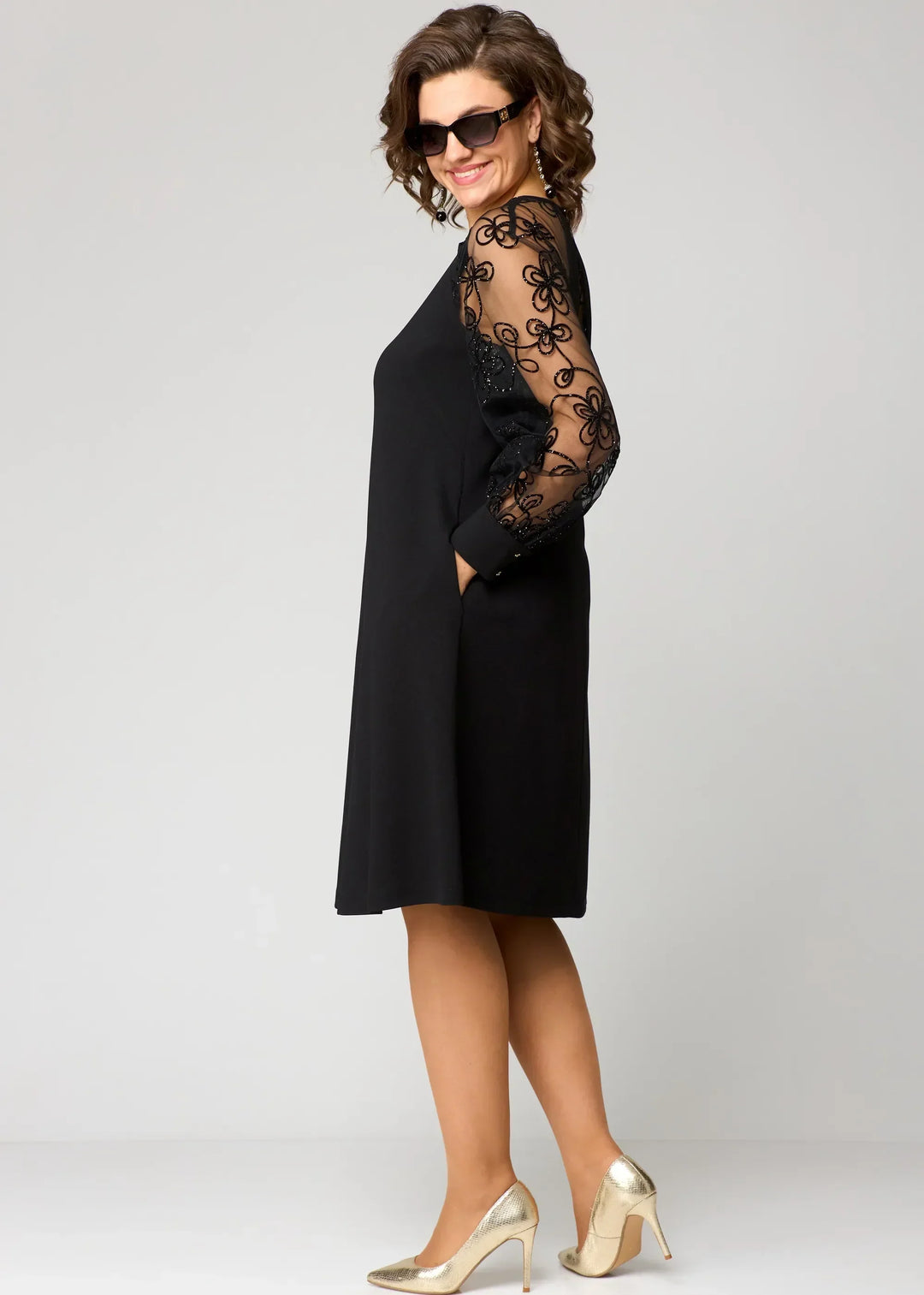 Rosabel | Black Embroidered Mesh Sleeve A Line Dress