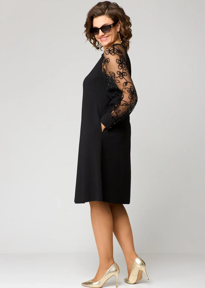 Rosabel | Black Embroidered Mesh Sleeve A Line Dress
