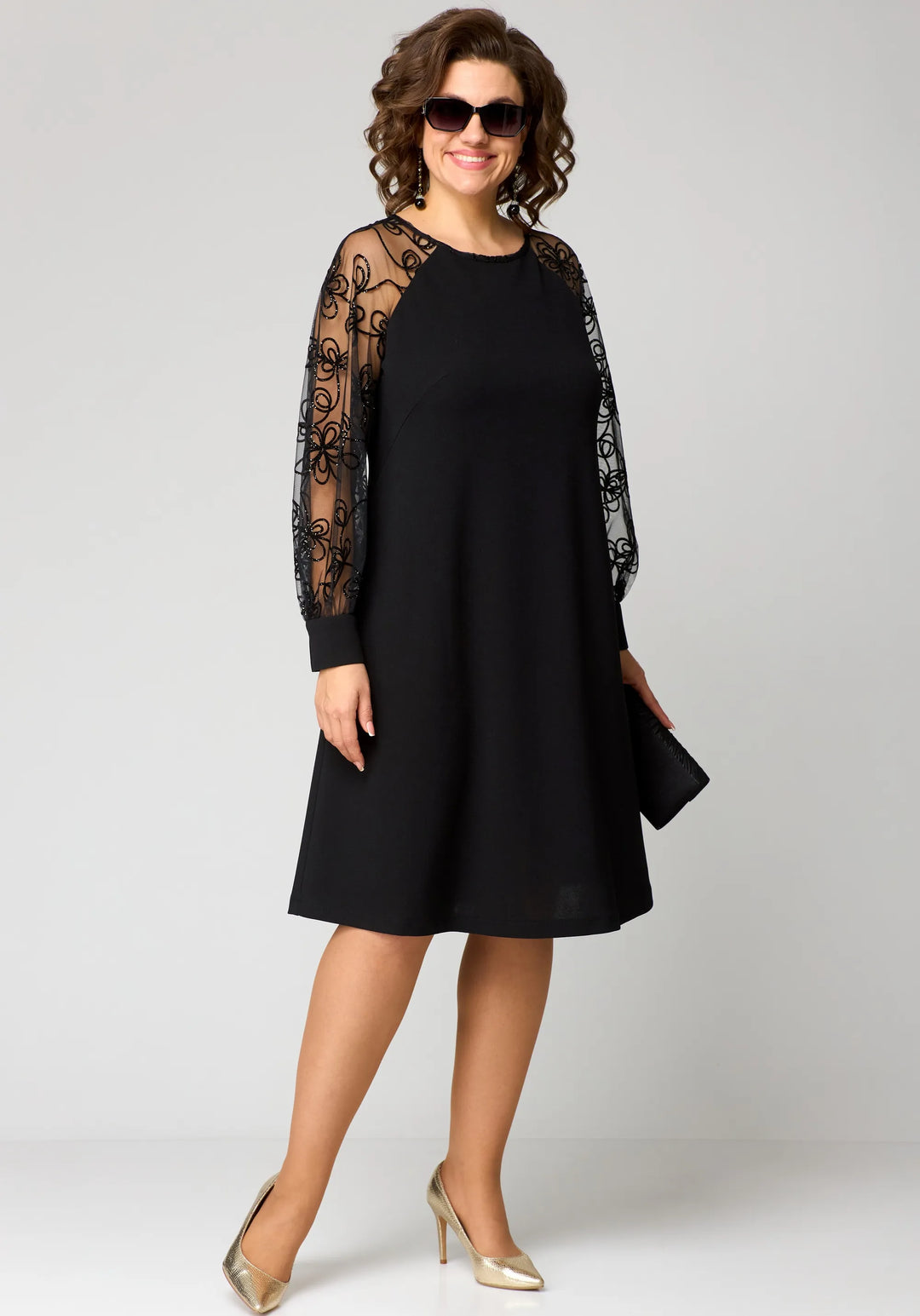 Rosabel | Black Embroidered Mesh Sleeve A Line Dress