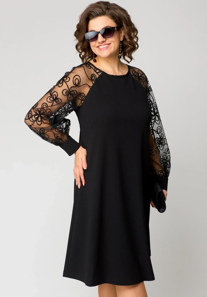 Rosabel | Black Embroidered Mesh Sleeve A Line Dress