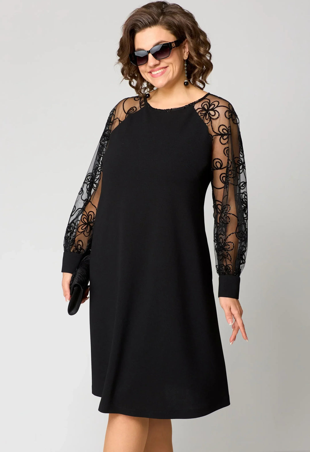 Rosabel | Black Embroidered Mesh Sleeve A Line Dress