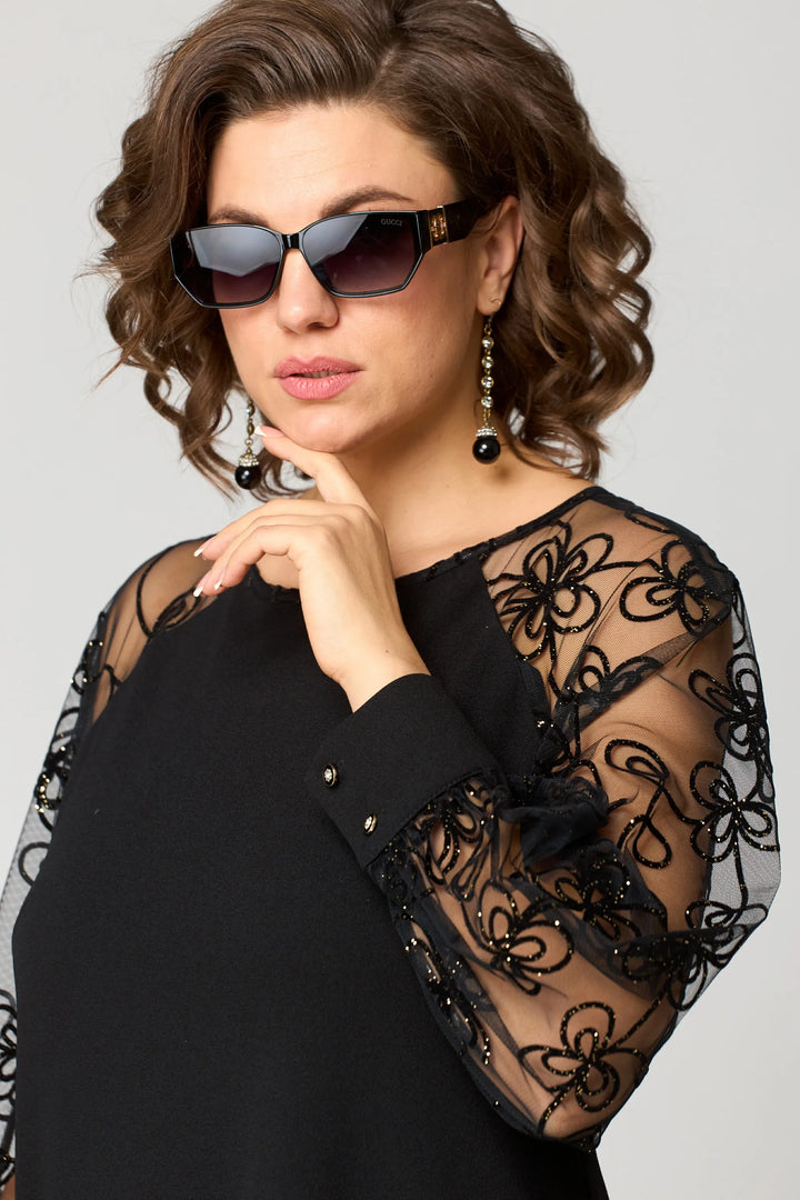 Rosabel | Black Embroidered Mesh Sleeve A Line Dress