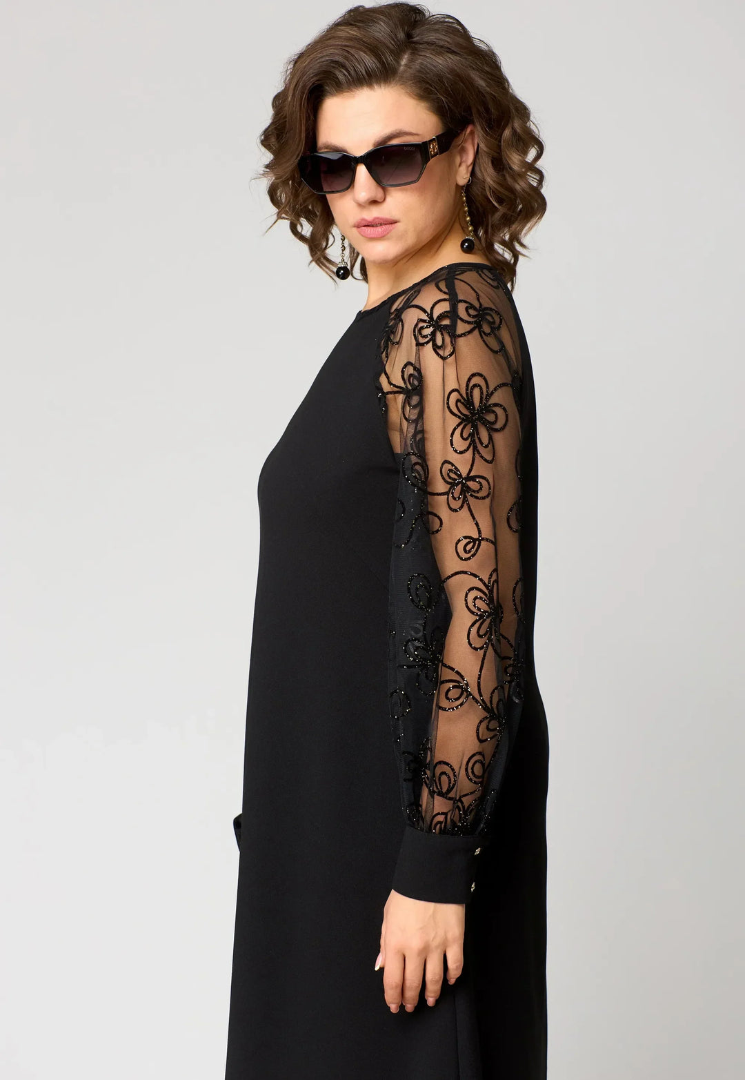 Rosabel | Black Embroidered Mesh Sleeve A Line Dress