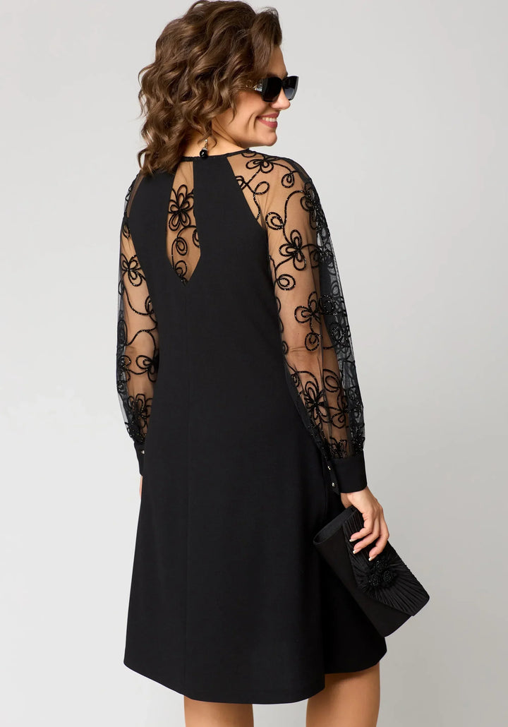 Rosabel | Black Embroidered Mesh Sleeve A Line Dress