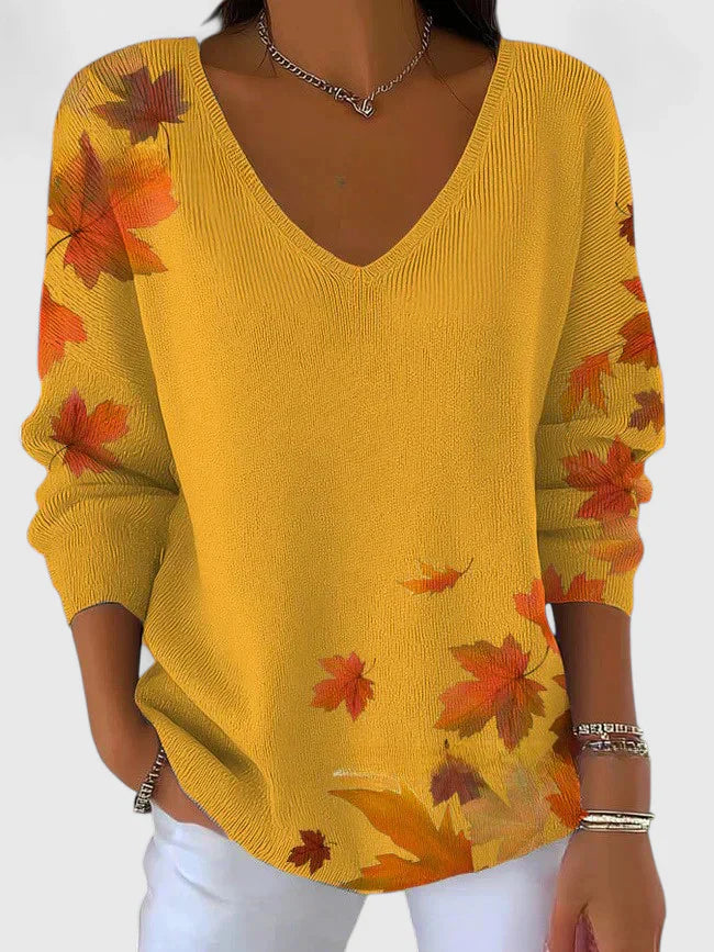 Magda | Maple Leaf Print V Neck Sweater