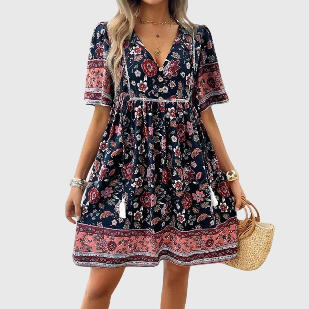 Seren | Floral Boho Babydoll Dress with Tassels