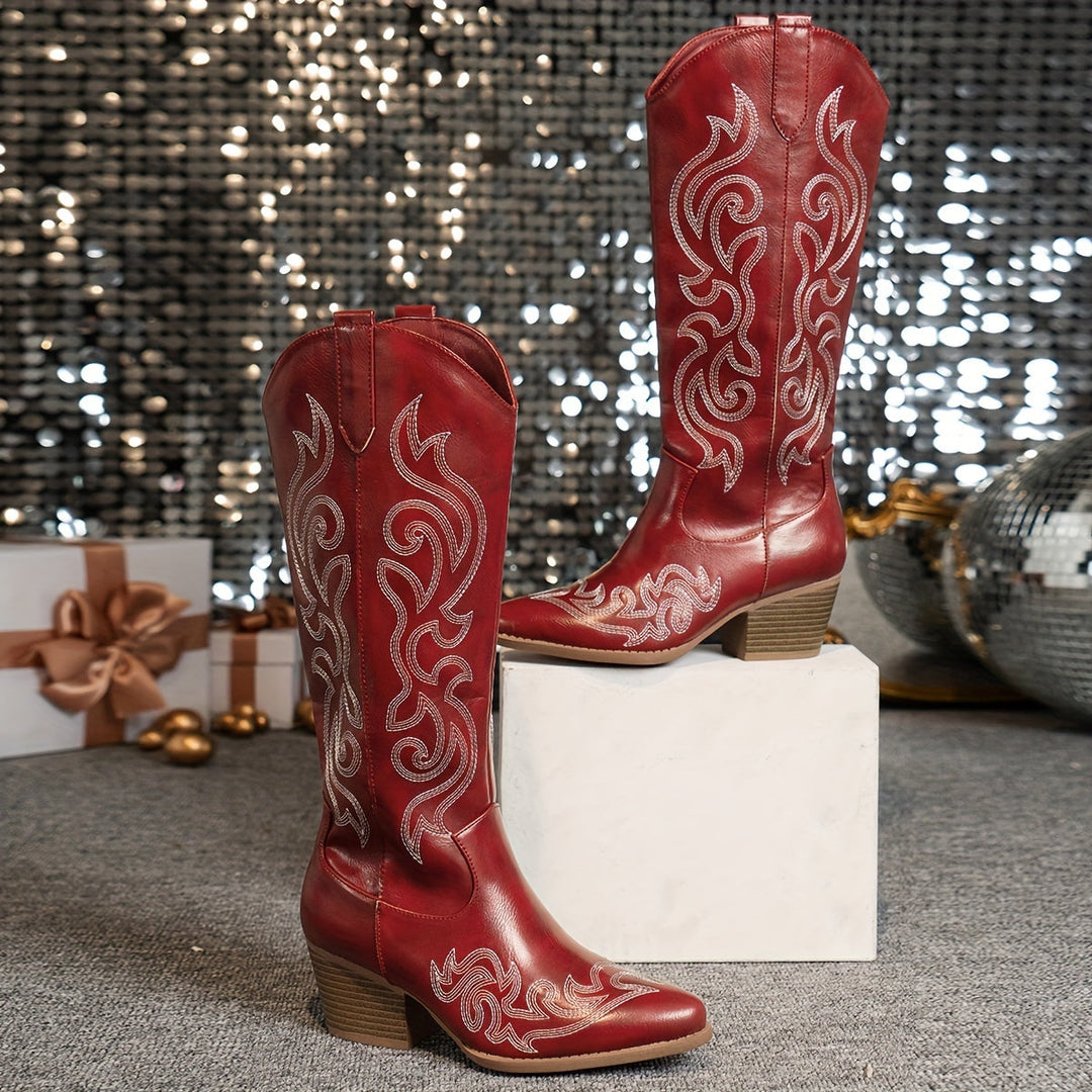 Drew | Embroidered Knee-High Cowboy Boots with Block Heel
