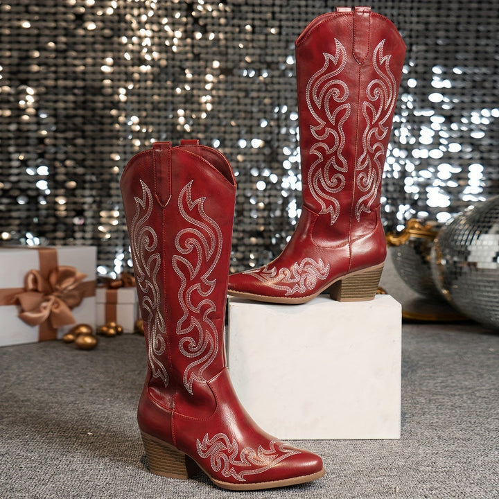Drew | Embroidered Knee-High Cowboy Boots with Block Heel