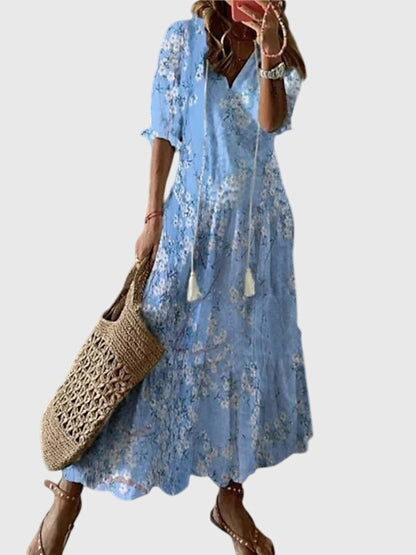 Solveig | Ikat Print Boho Maxi Dress with Tassels
