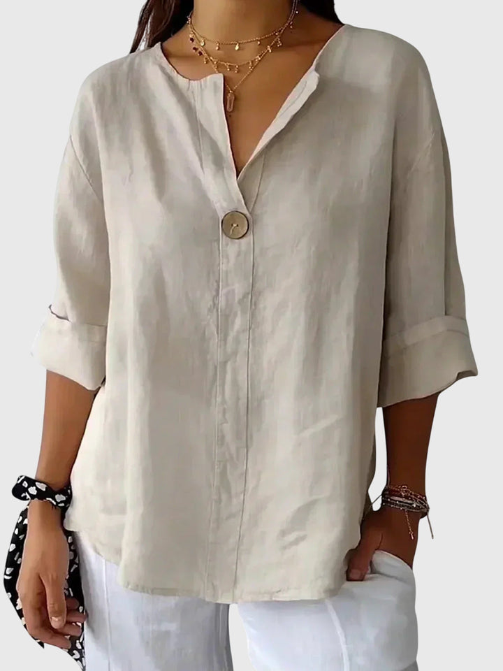Olga | V-Neck Linen Blouse with Button Detail 3/4 Sleeves