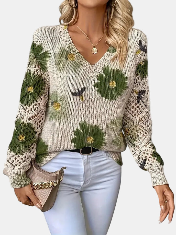 Latifa | Casual Floral V-Neck Crochet Sleeve Sweater