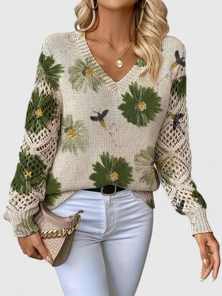 Maren | Floral V-Neck Sweater with Crochet Sleeves