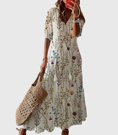 Solveig | Ikat Print Boho Maxi Dress with Tassels