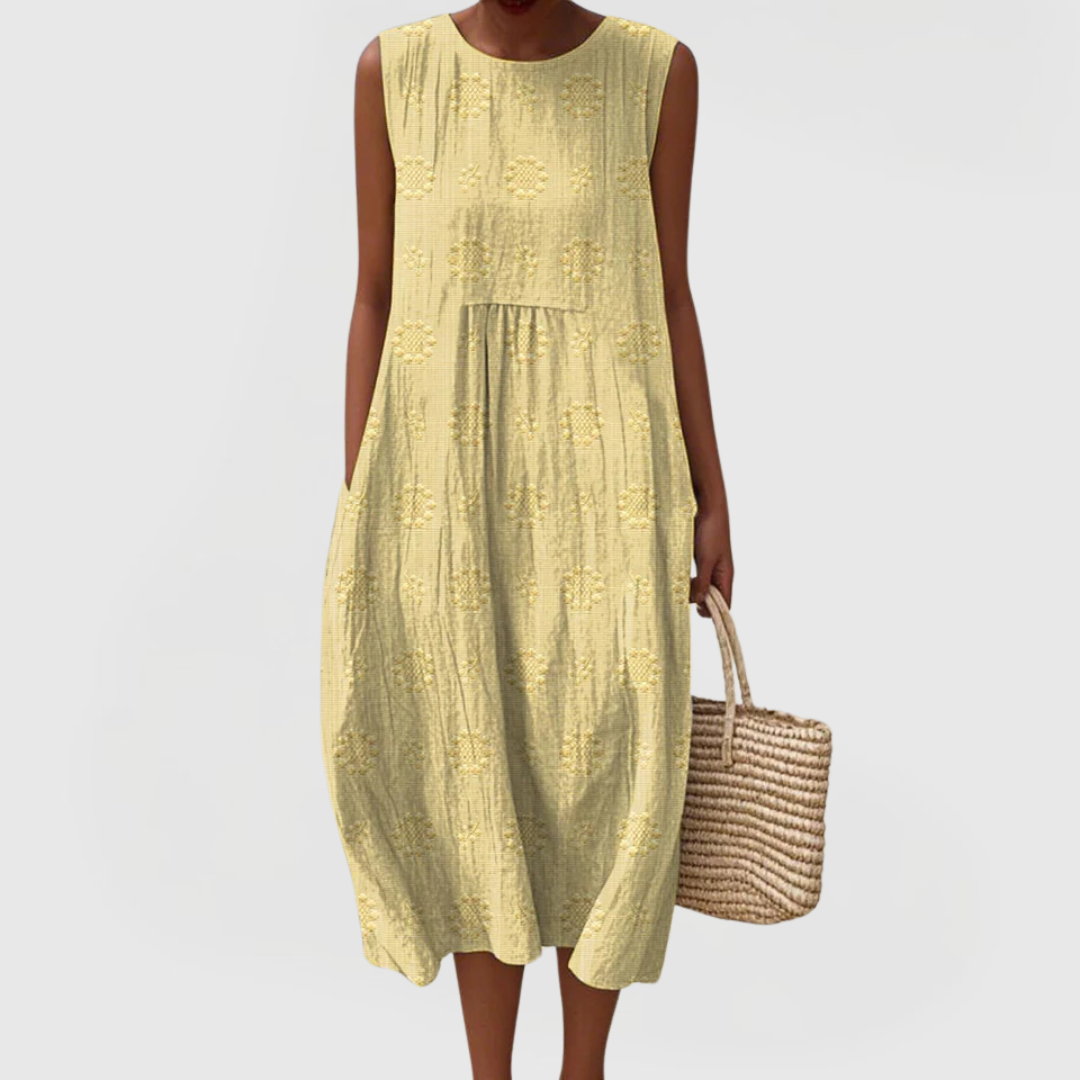 Daniella | Embroidered Sleeveless Linen Dress with Pockets
