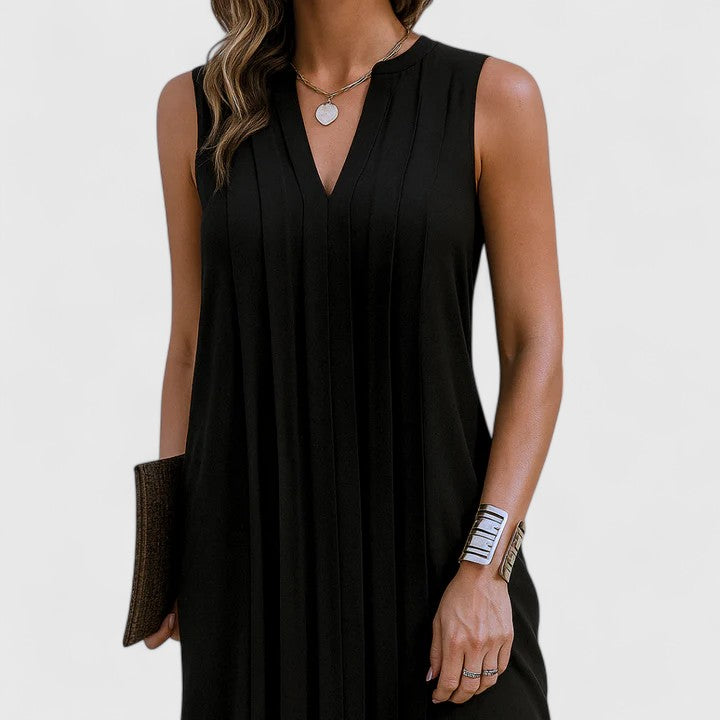 Mahala | Pleated V-Neck Sleeveless Shift Mini Dress