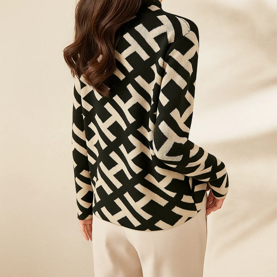 Rumer | Black Geometric Mock Neck Sweater Jacquard Knit