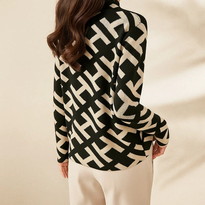 Rumer | Black Geometric Mock Neck Sweater Jacquard Knit