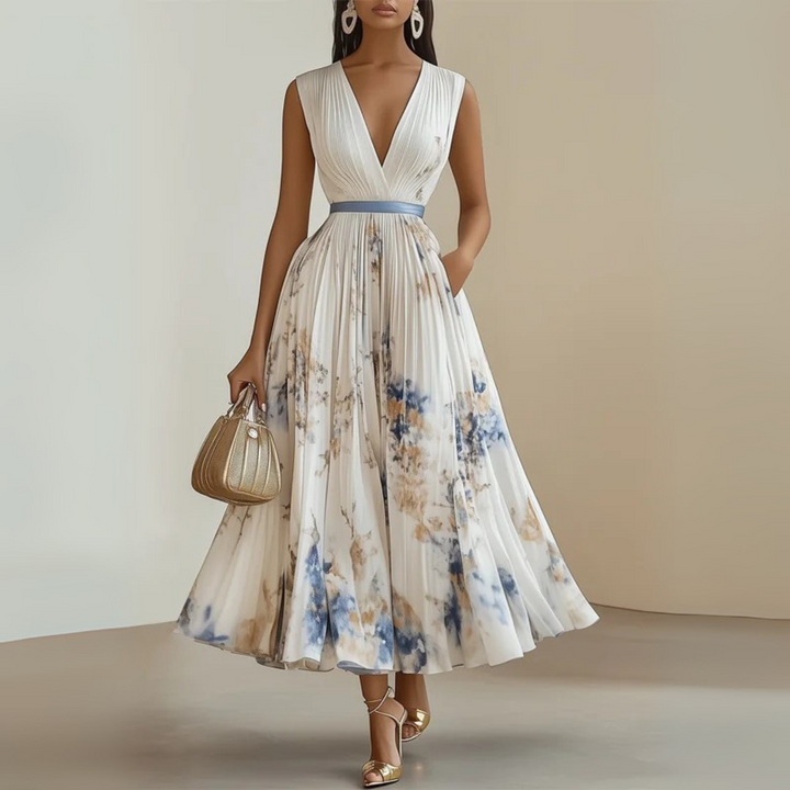 Bellamira | Floral Pleated Empire Waist Dress V-Neck