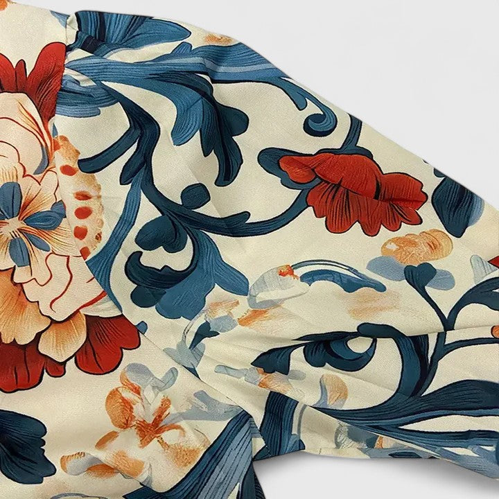 Rona | Blue Floral Print Blouse with Striped Collar
