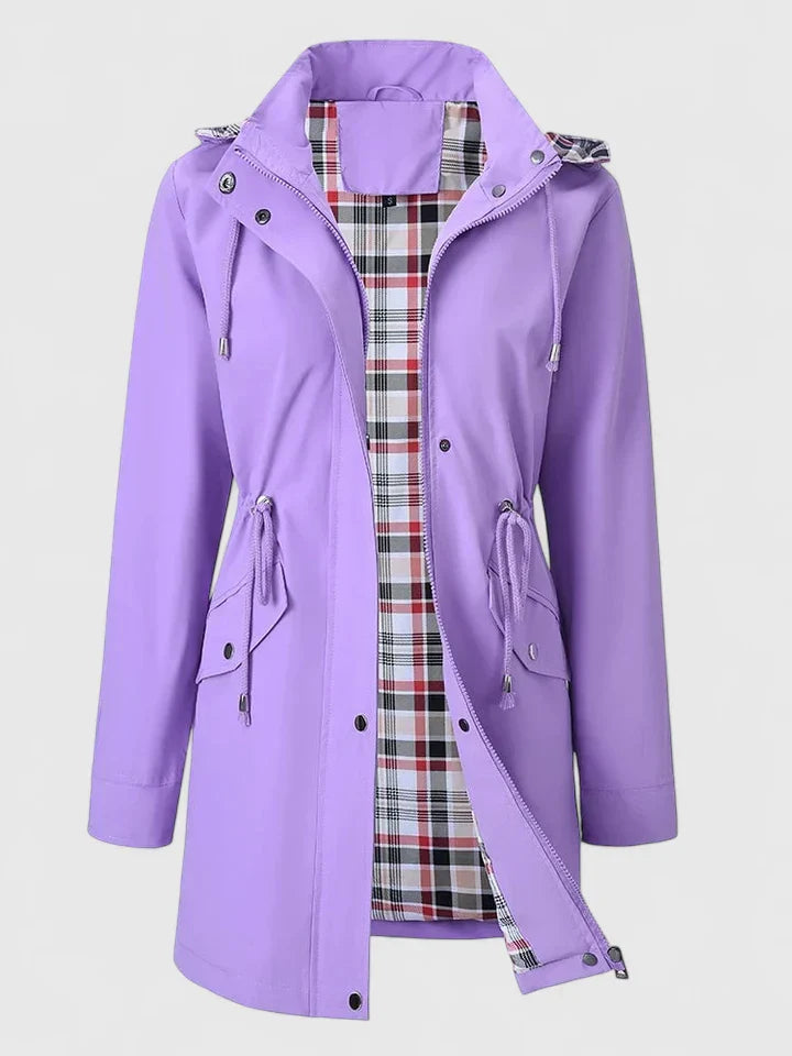 Cherise | Hooded Drawstring Rain Jacket with Plaid Lining