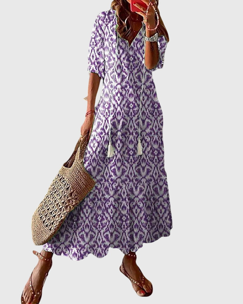 Solveig | Ikat Print Boho Maxi Dress with Tassels