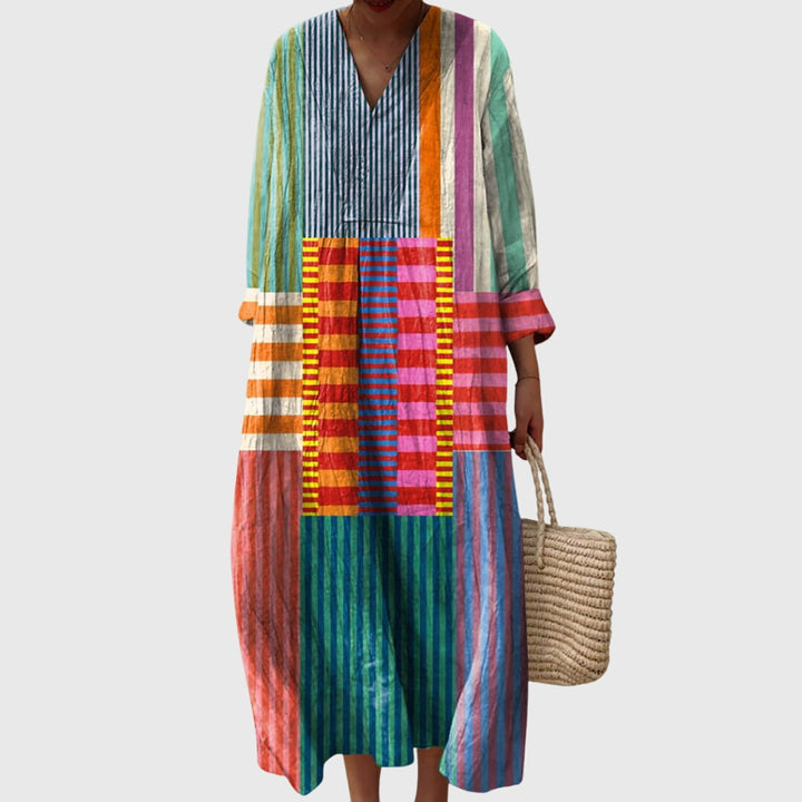 Cleia | Striped Patchwork Maxi Dress with Sleeves
