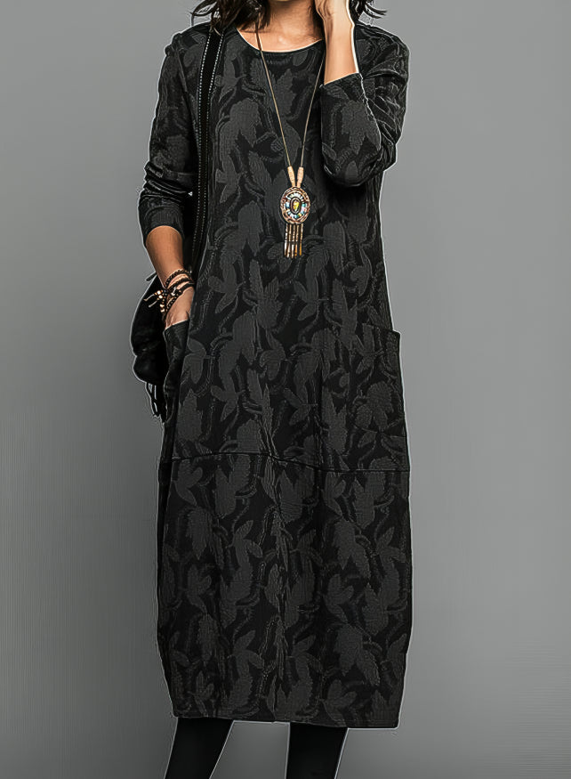 Cecania | Jacquard Floral Midi Dress with Pockets