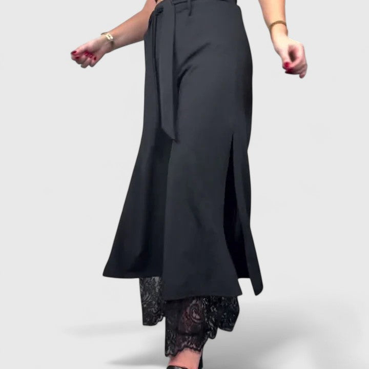 Shanti | Black Wide Leg Pants with Lace Hem
