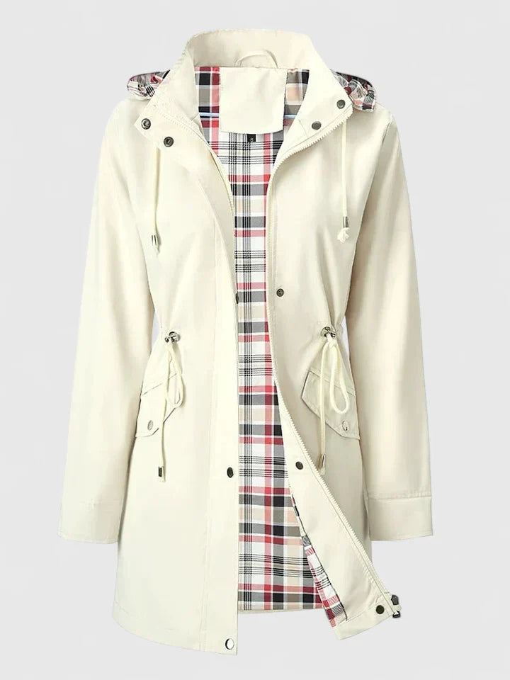 Cherise | Hooded Drawstring Rain Jacket with Plaid Lining