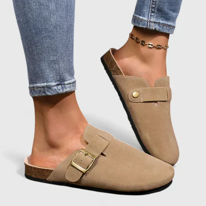 Jacquetta | Beige Suede Mules with Buckle Strap