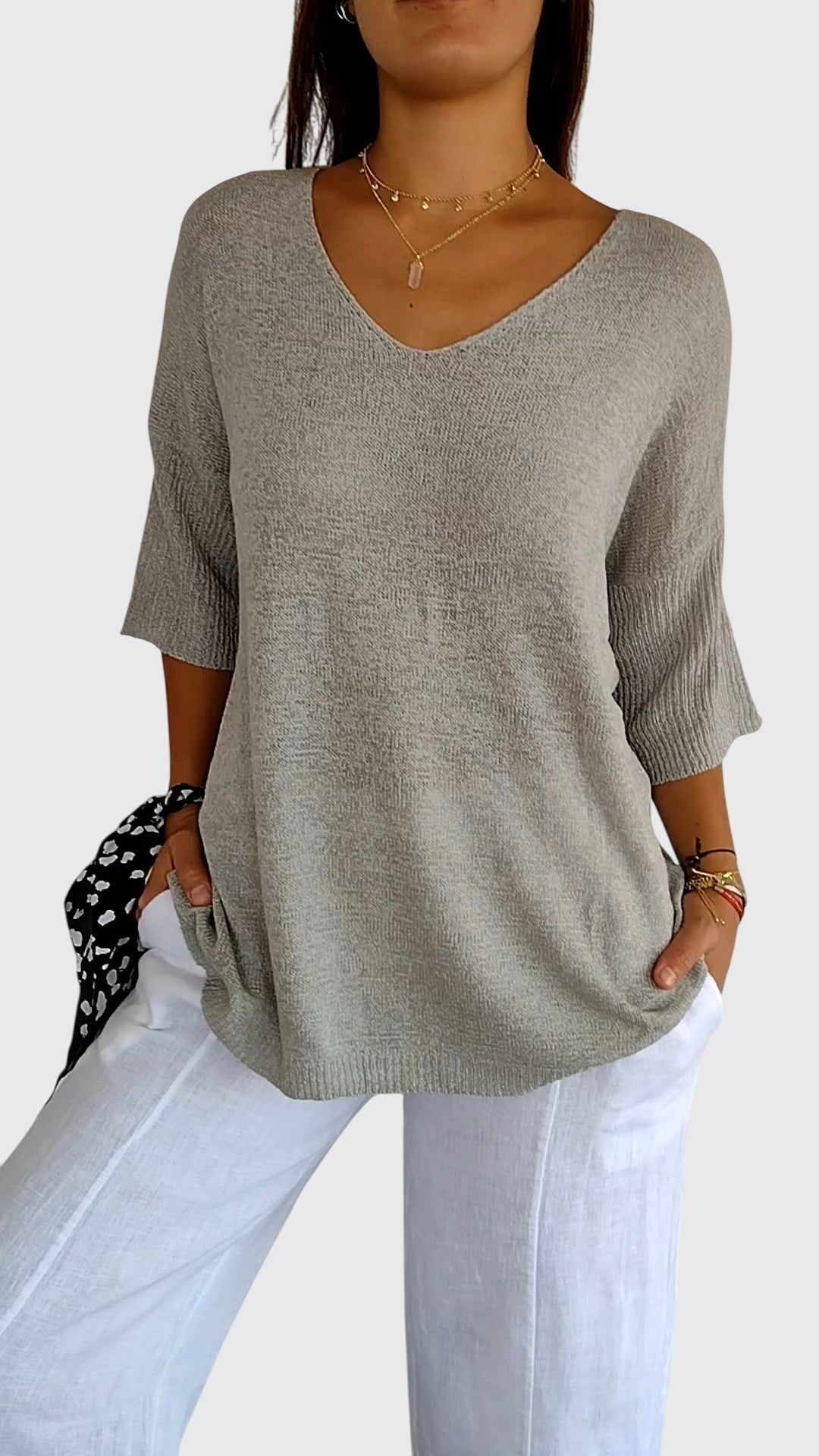 Gardenia | V-Neck Knit Tunic Top with 3/4 Sleeves