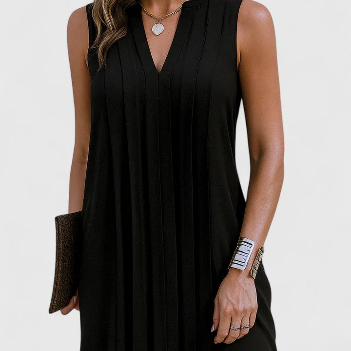 Mahala | Pleated V-Neck Sleeveless Shift Mini Dress