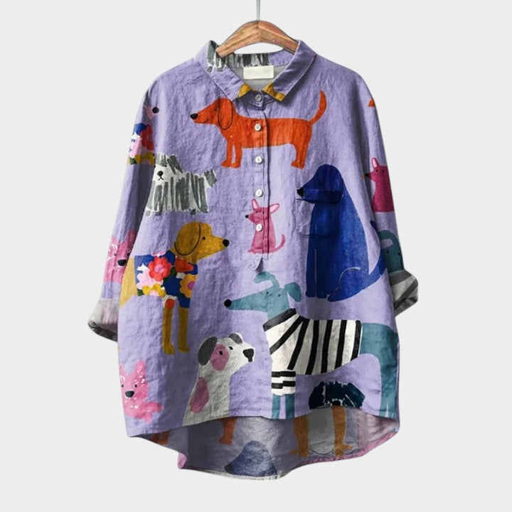 Sheryl | Dog Print Button-Up Blouse Long Sleeve