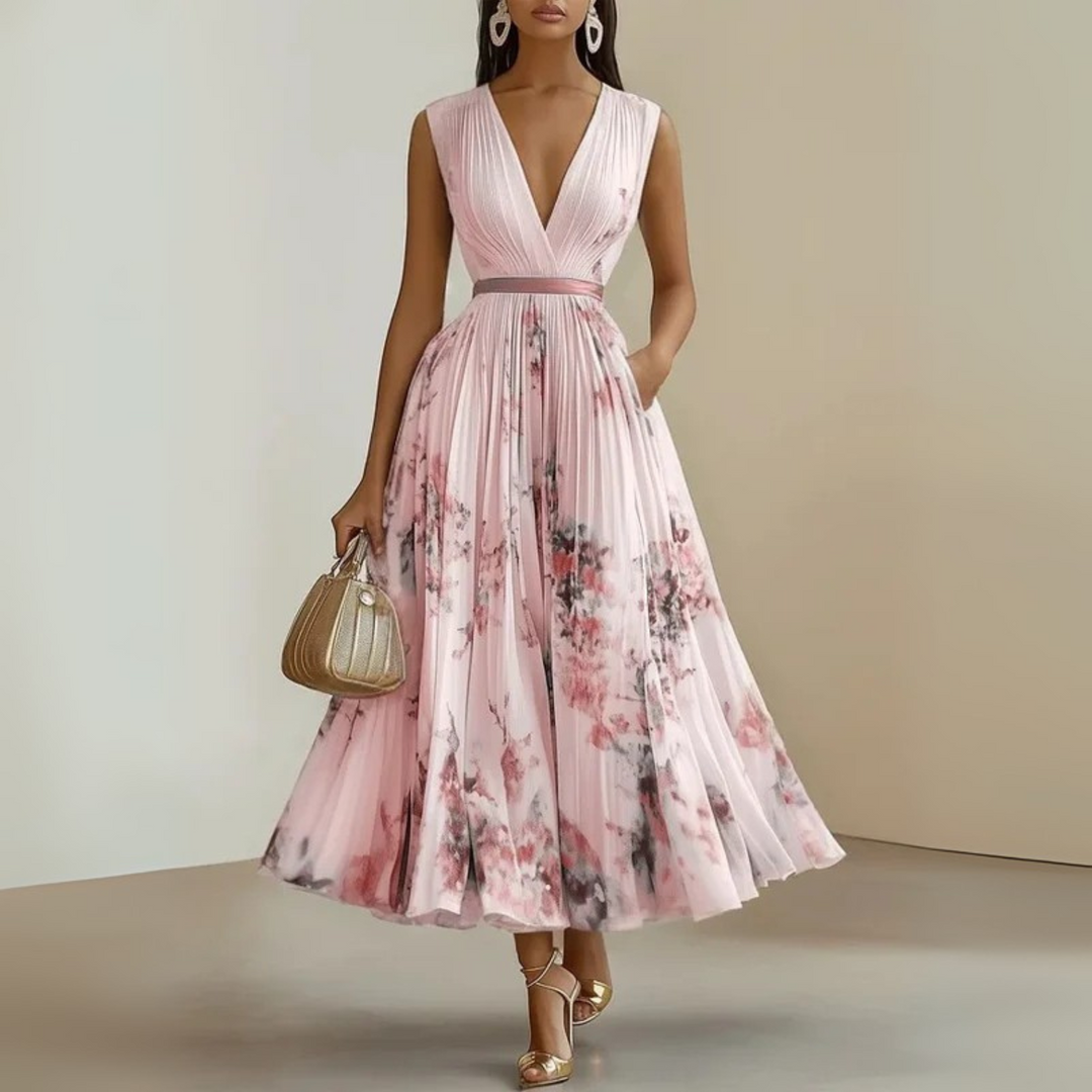 Bellamira | Floral Pleated Empire Waist Dress V-Neck
