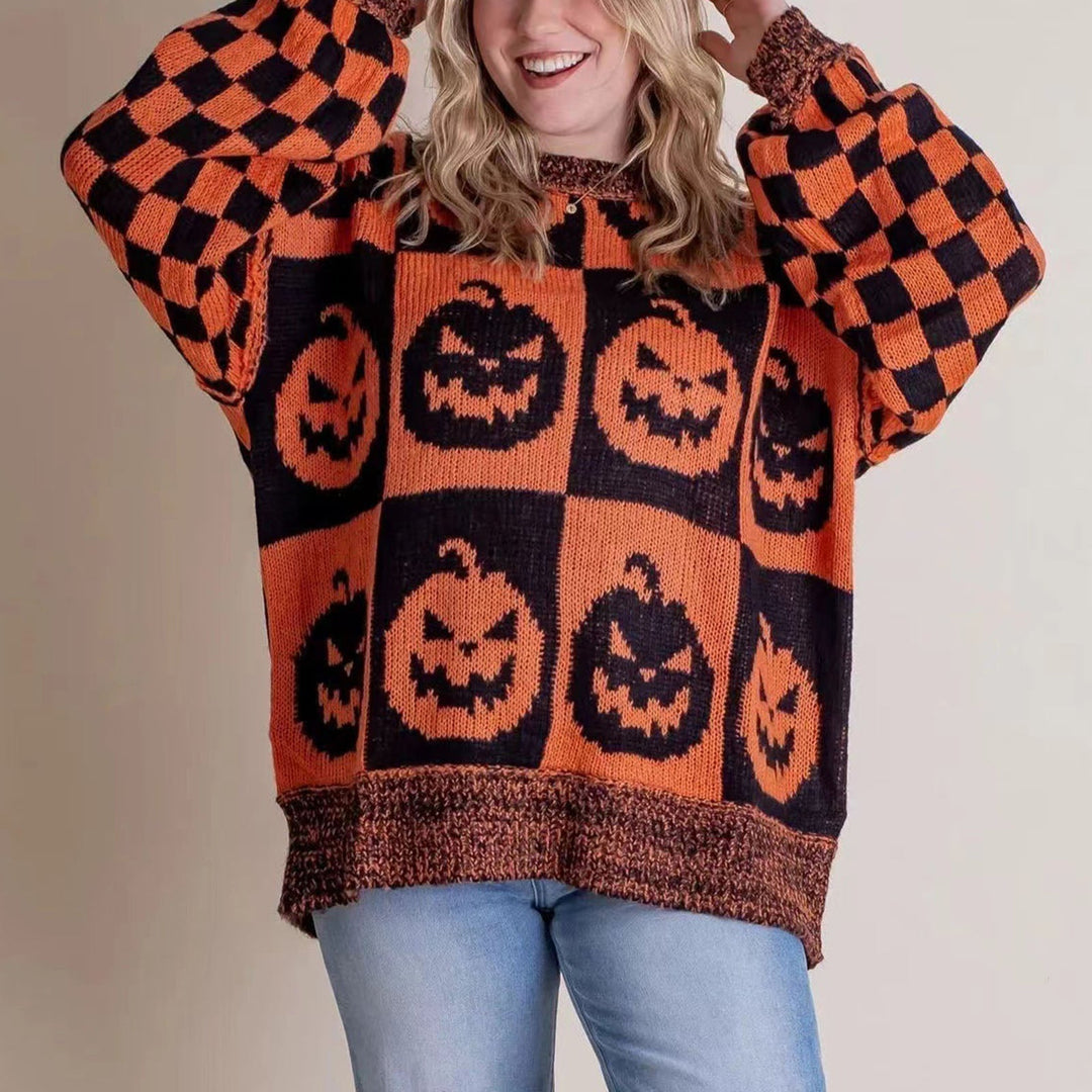 Catherine | Pumpkin Print Halloween Sweater with Checkered Sleeves