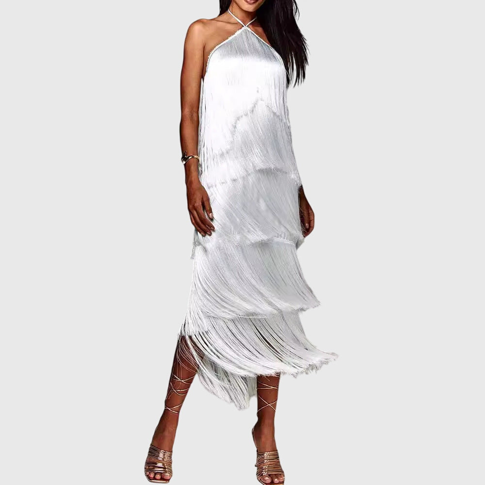Cleantha | Halter Fringe Dress with Tiered Tassels