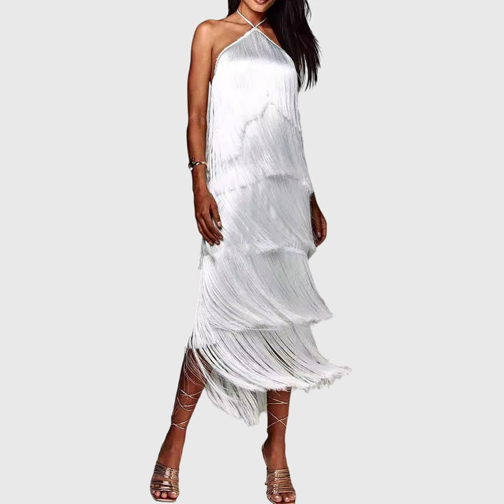 Cleantha | Halter Fringe Dress with Tiered Tassels