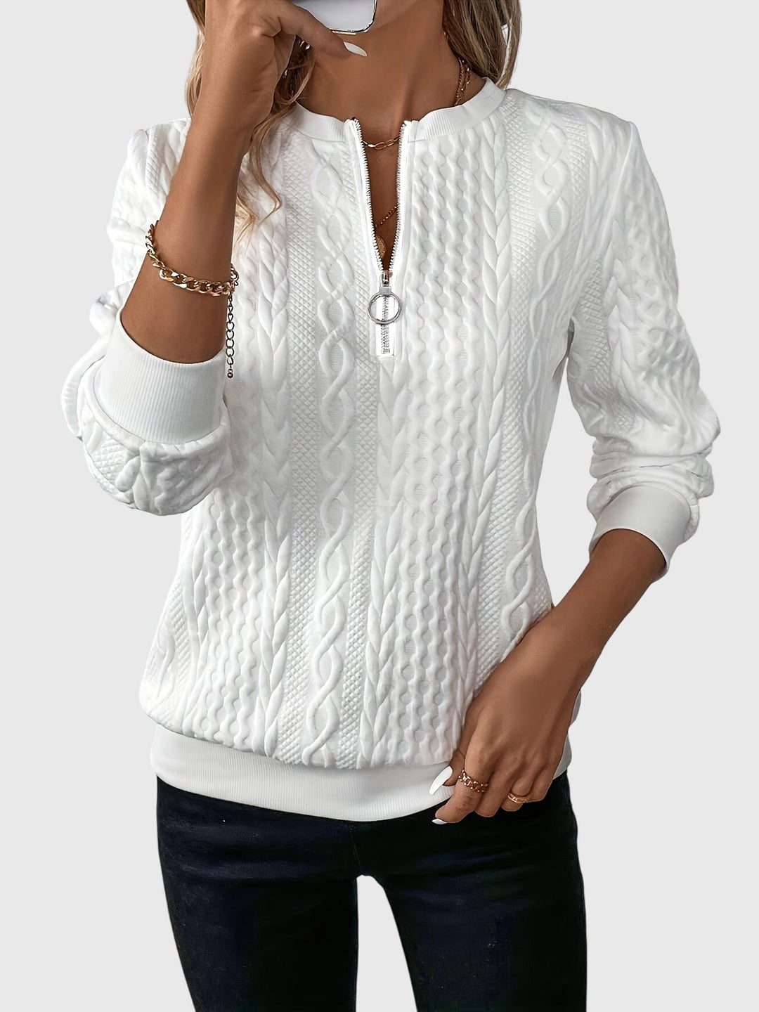 Leslie | Cable Knit Quarter Zip Sweater Pullover