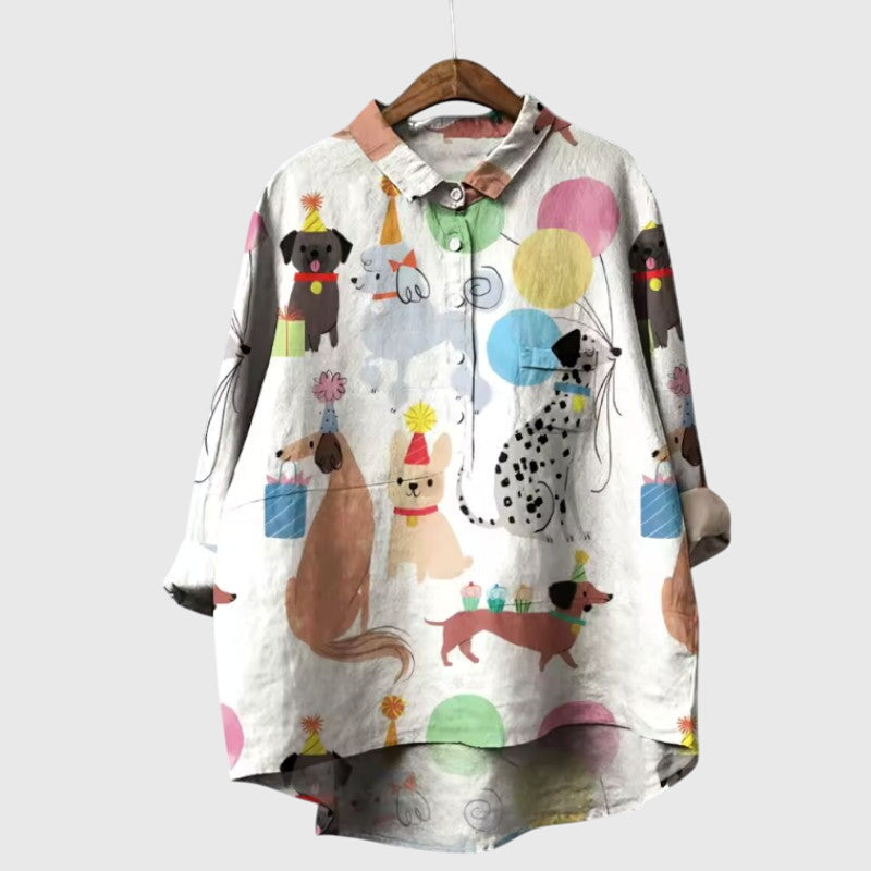 Ailsa | Dog Print Button-Up Blouse with Chest Pocket