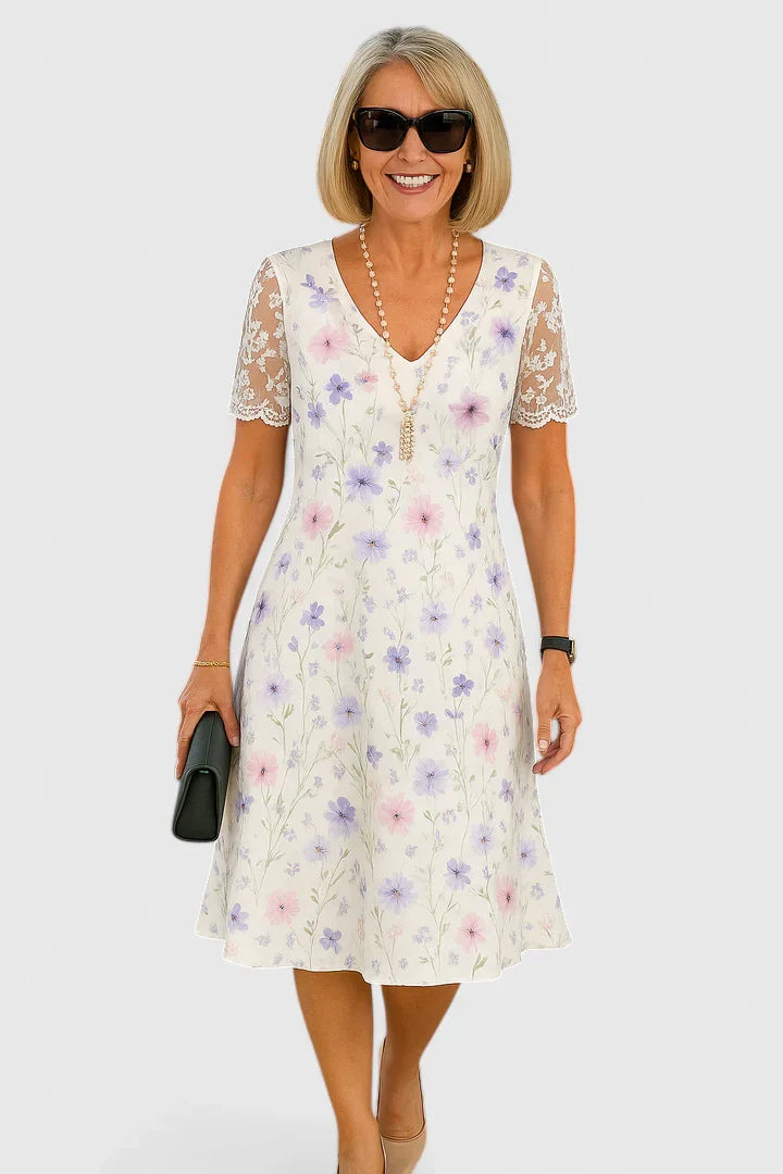 Marsali | Floral Empire Waist Dress with Lace Sleeves